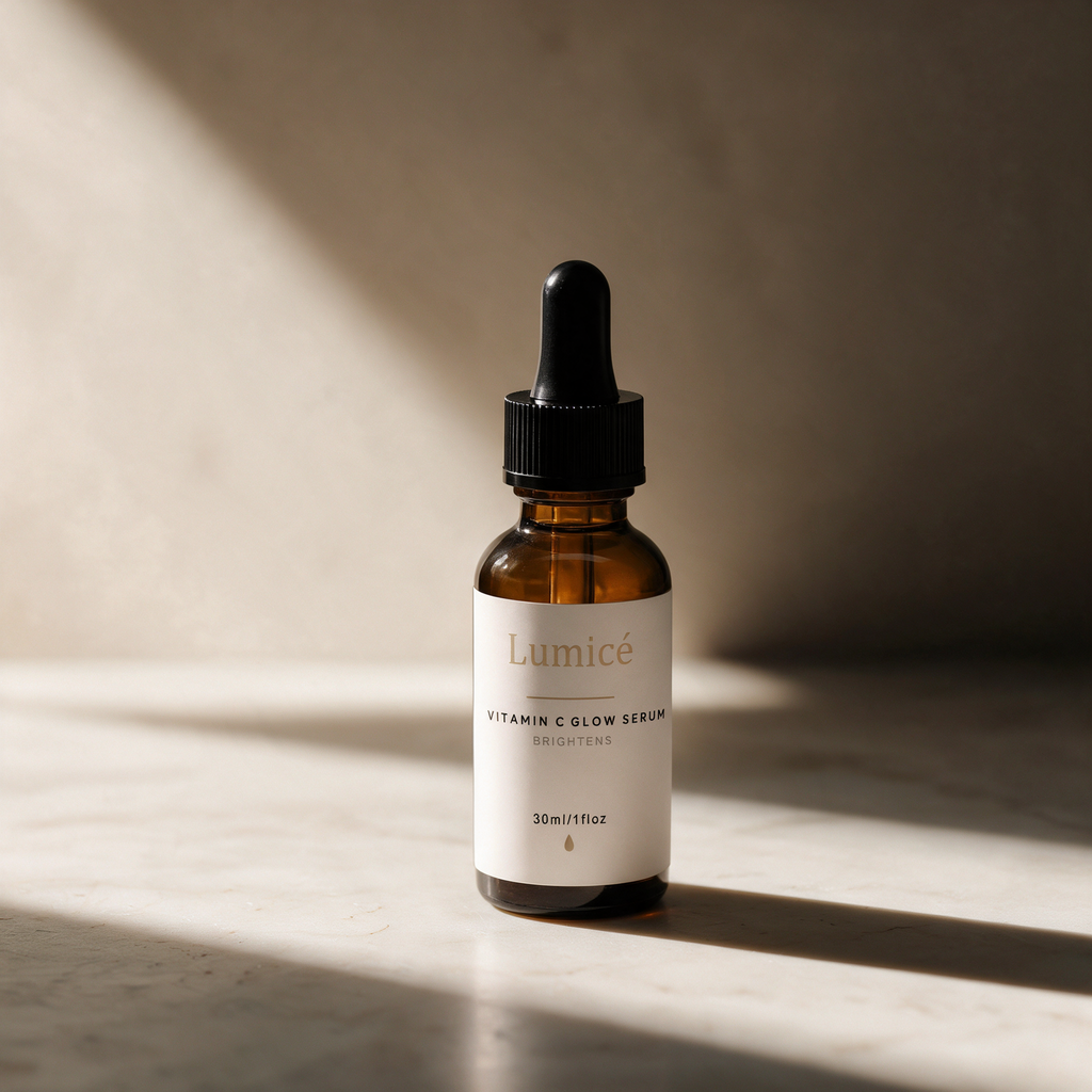 Lumicé Vitamin C Glow Serum bottle on honed marble, label close up