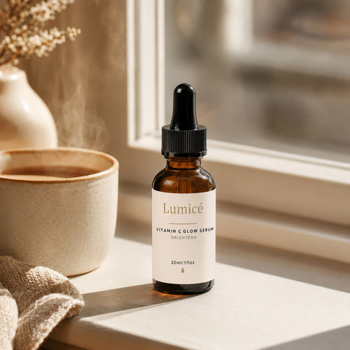 Lumicé Vitamin C Glow Serum — 30ml amber glass bottle on a sunlit windowsill